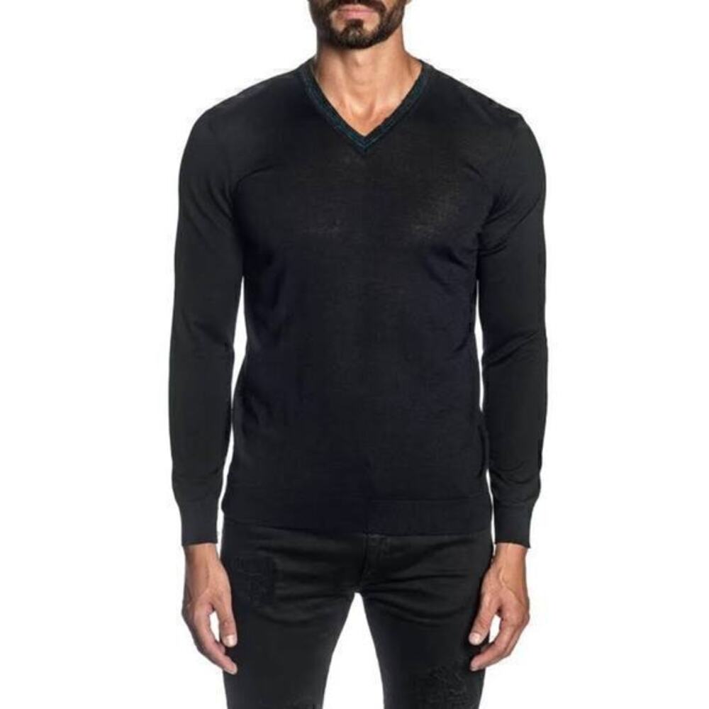 Jared Lang Men's‎ Knit Merino Wool V-Neck Sweater Black Size XL NWT